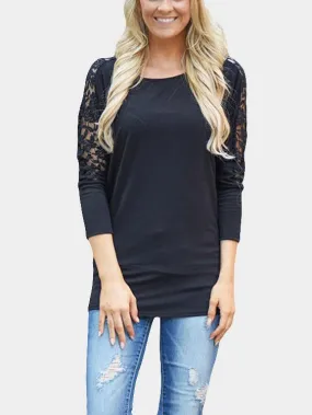 OEM ODM Round Neck Plain Lace Long Sleeve Black T-Shirts