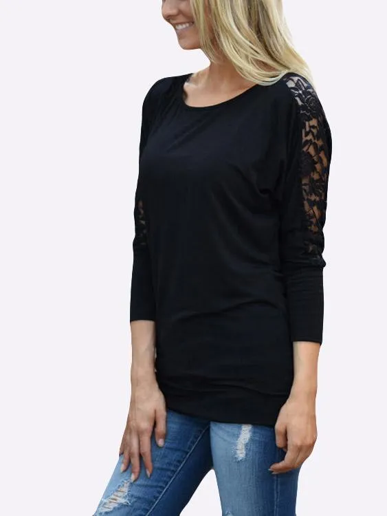 OEM ODM Round Neck Plain Lace Long Sleeve Black T-Shirts