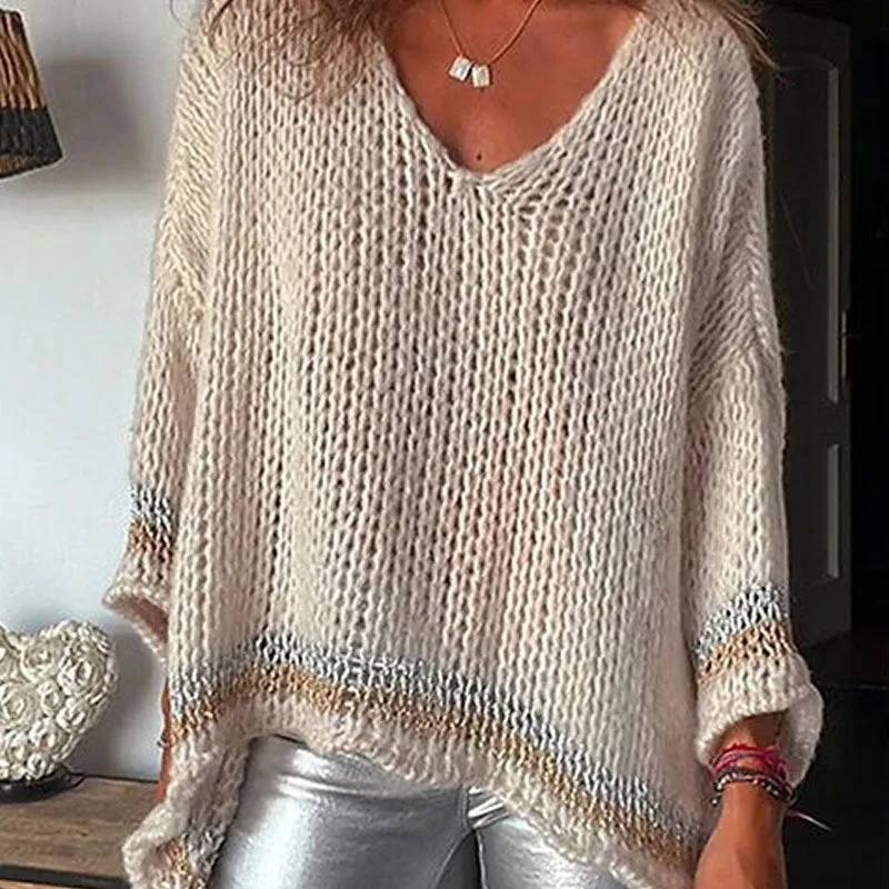 Oversized Striped Print V Neck Drop Shoulder Long Sleeve Loose Knit High Low Sweater