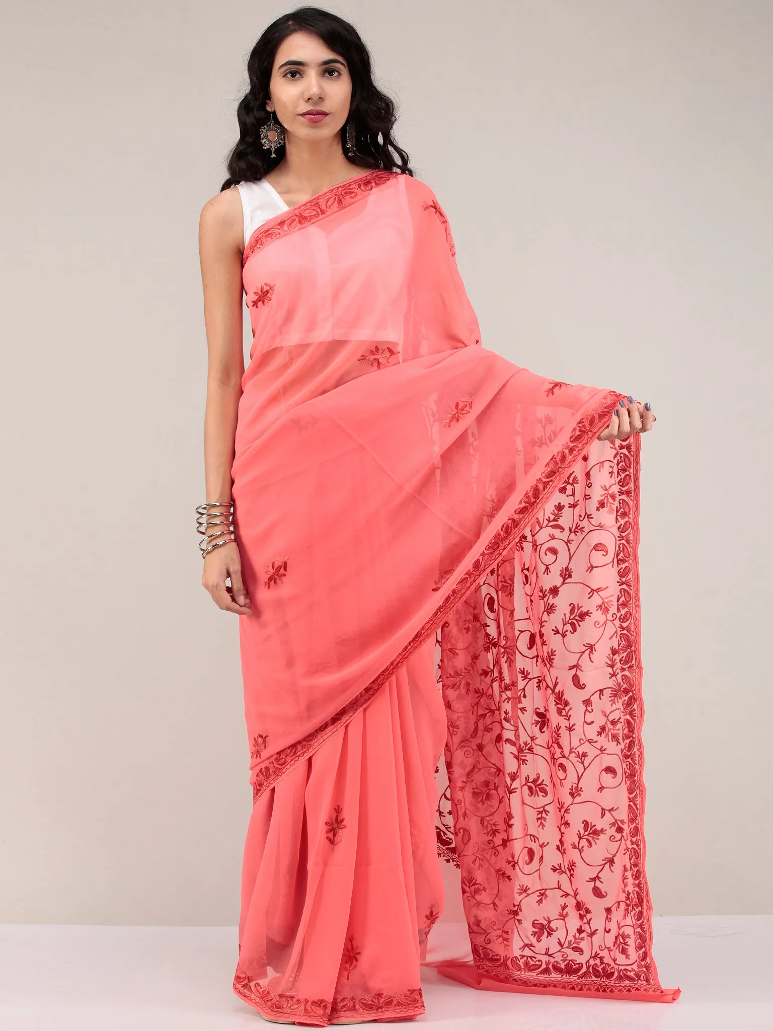 Pech Pink Aari Embroidered Georgette Saree From Kashmir - S031704644