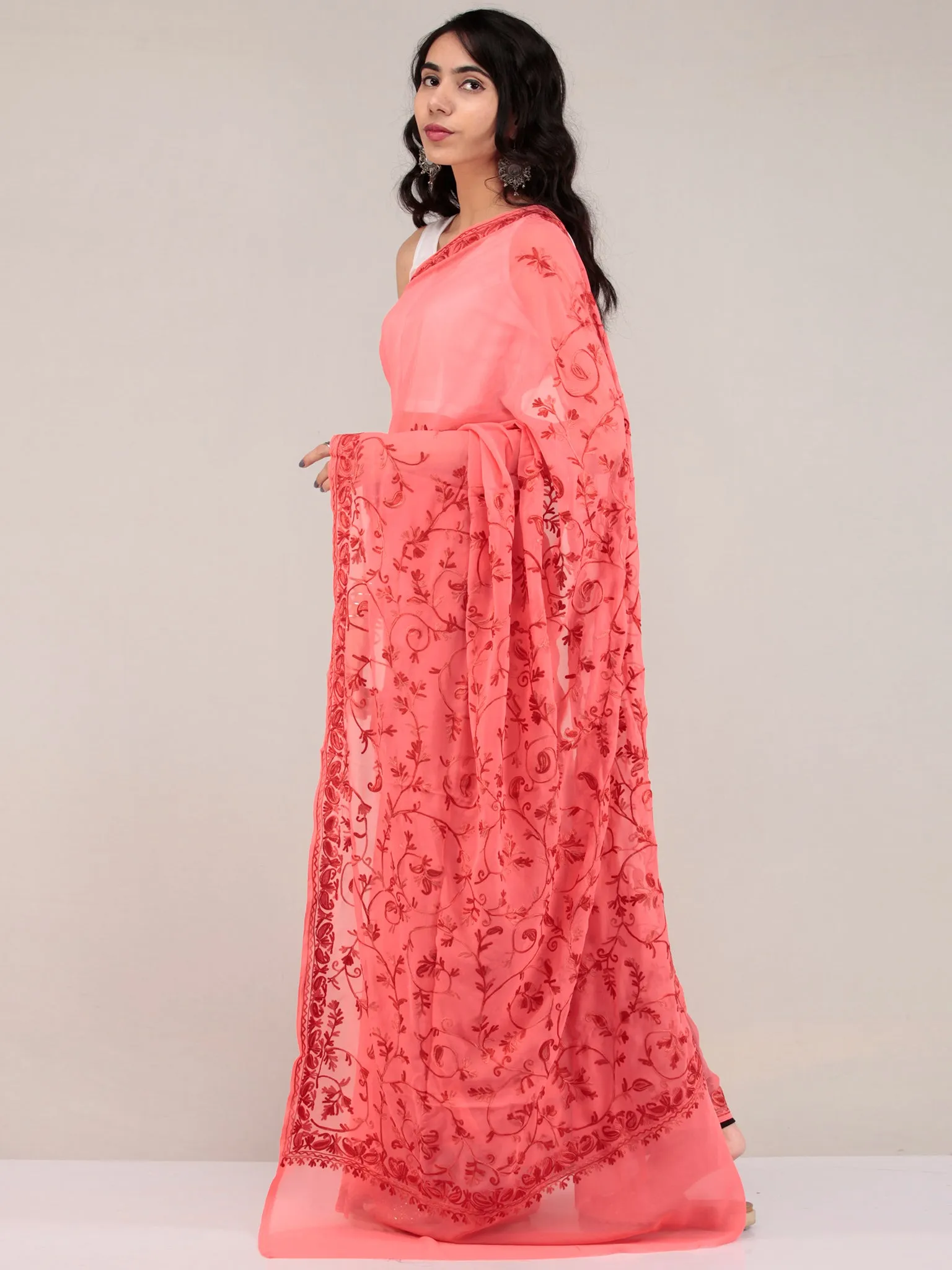 Pech Pink Aari Embroidered Georgette Saree From Kashmir - S031704644