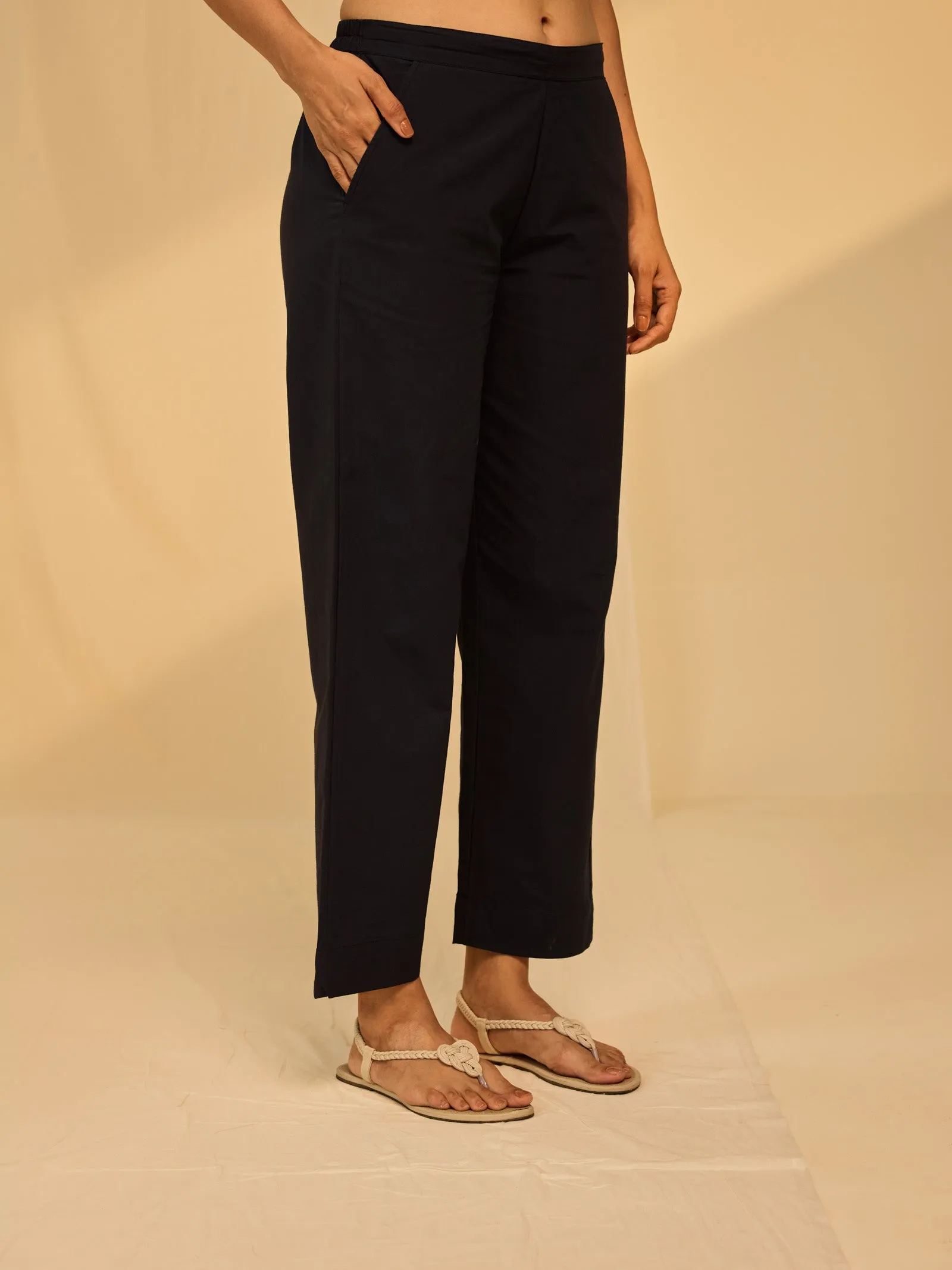 Plain Black Cotton Straight Pant