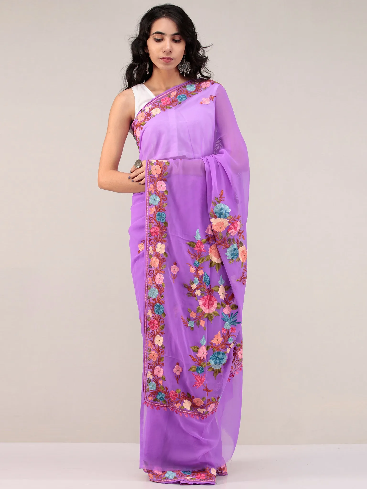 Purple Aari Embroidered Georgette Saree From Kashmir - S031704679