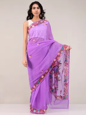 Purple Aari Embroidered Georgette Saree From Kashmir - S031704679