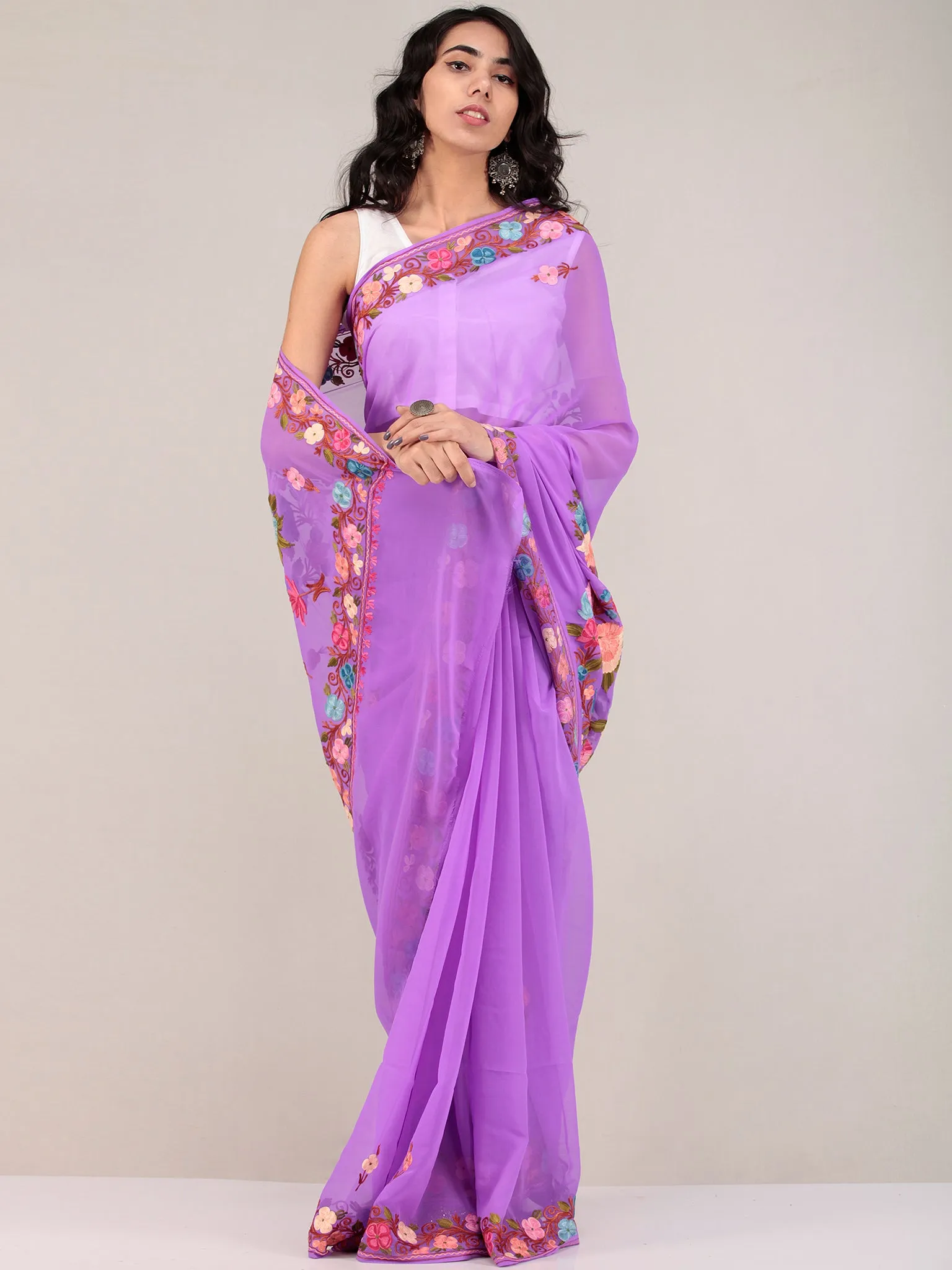 Purple Aari Embroidered Georgette Saree From Kashmir - S031704679