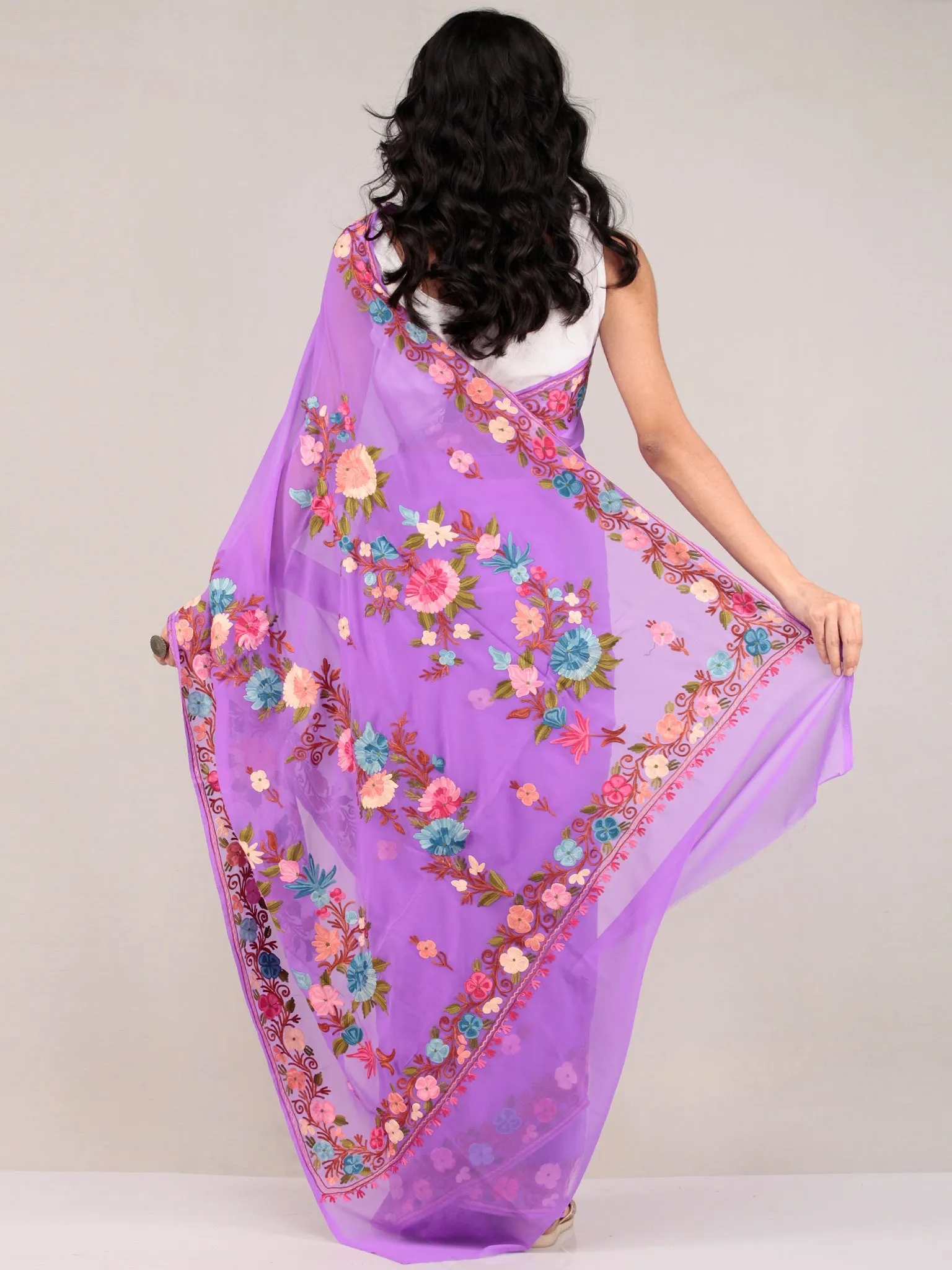 Purple Aari Embroidered Georgette Saree From Kashmir - S031704679