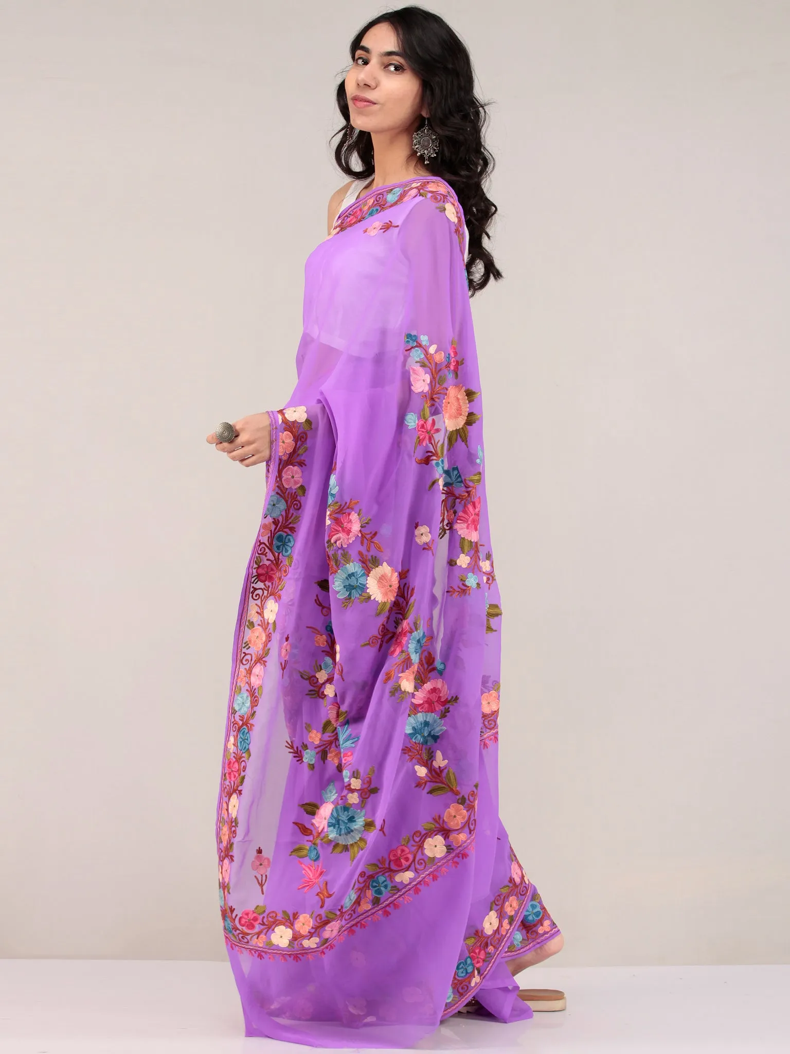 Purple Aari Embroidered Georgette Saree From Kashmir - S031704679