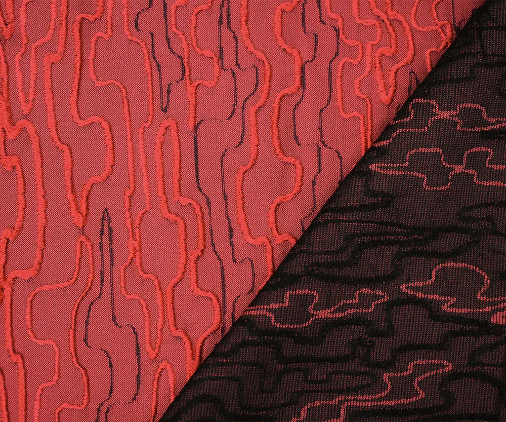 Red-Black Polyester Abstract Embroidered Jacquard Woven Fabric