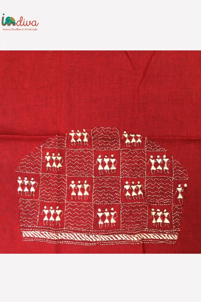 Red Kantha Blouse Fabric With Off-White Square Worli Motifs