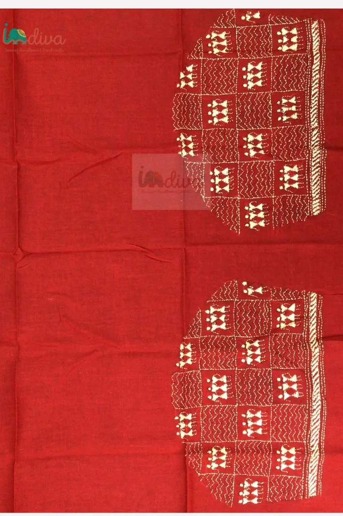 Red Kantha Blouse Fabric With Off-White Square Worli Motifs