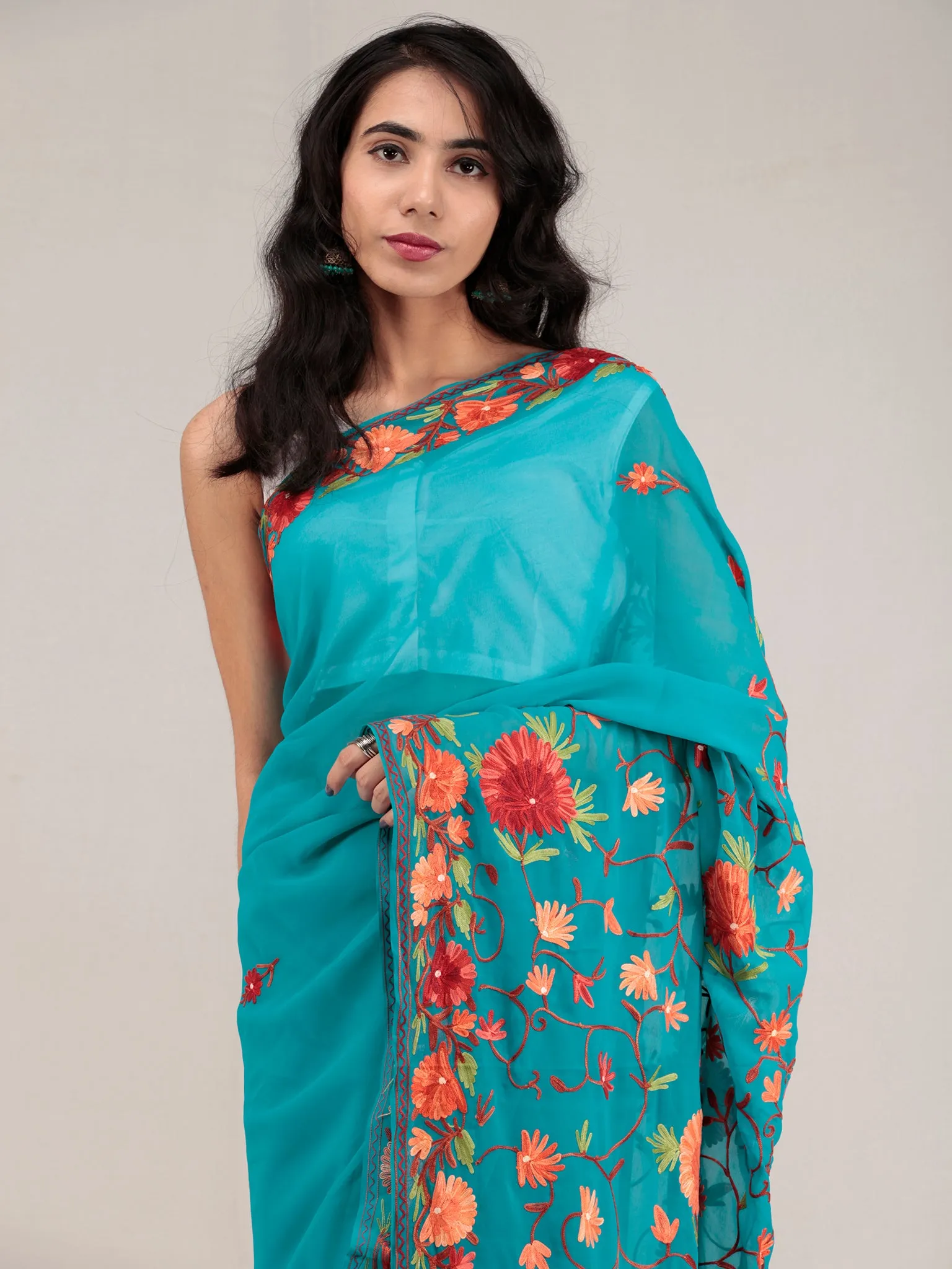 Sea Green Aari Embroidered Georgette Saree From Kashmir - S031704650