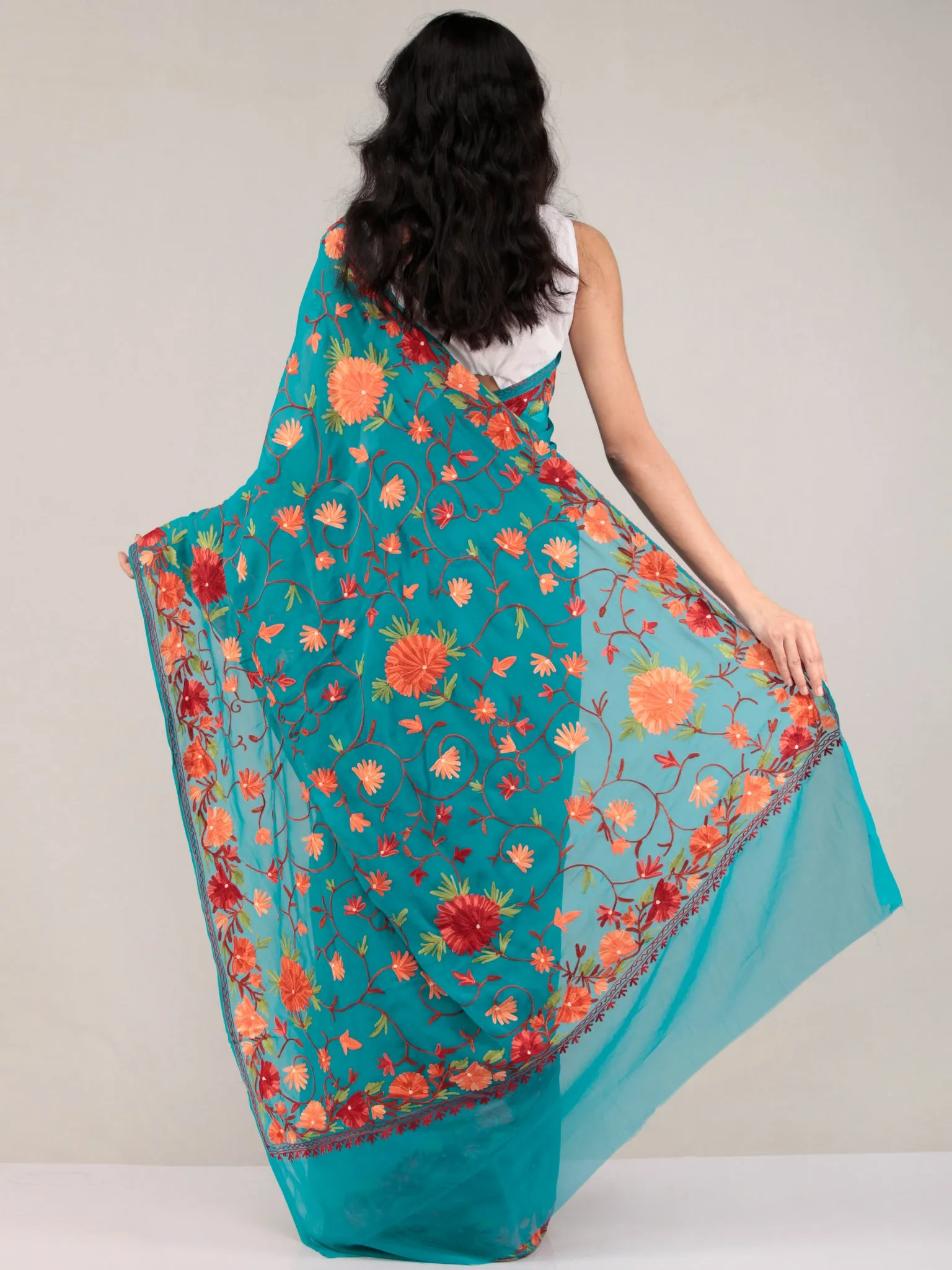 Sea Green Aari Embroidered Georgette Saree From Kashmir - S031704650