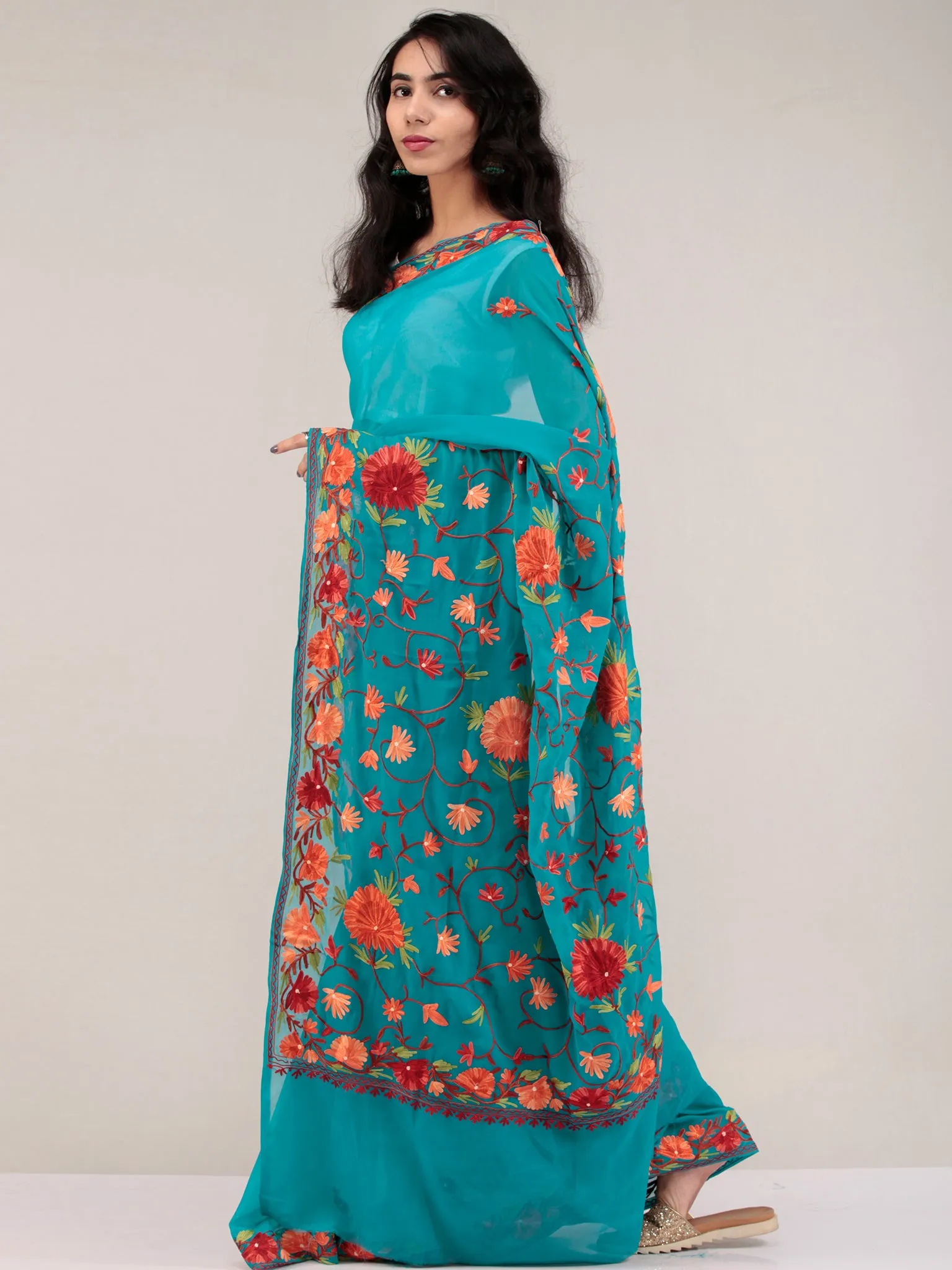 Sea Green Aari Embroidered Georgette Saree From Kashmir - S031704650