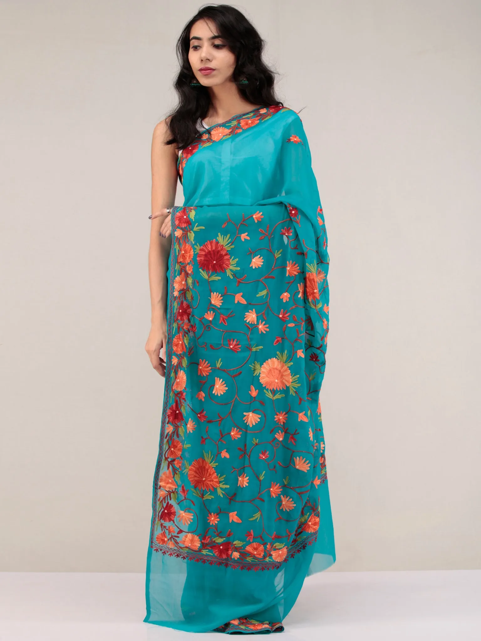 Sea Green Aari Embroidered Georgette Saree From Kashmir - S031704650