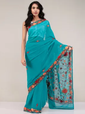 Sea Green Aari Embroidered Georgette Saree From Kashmir - S031704650