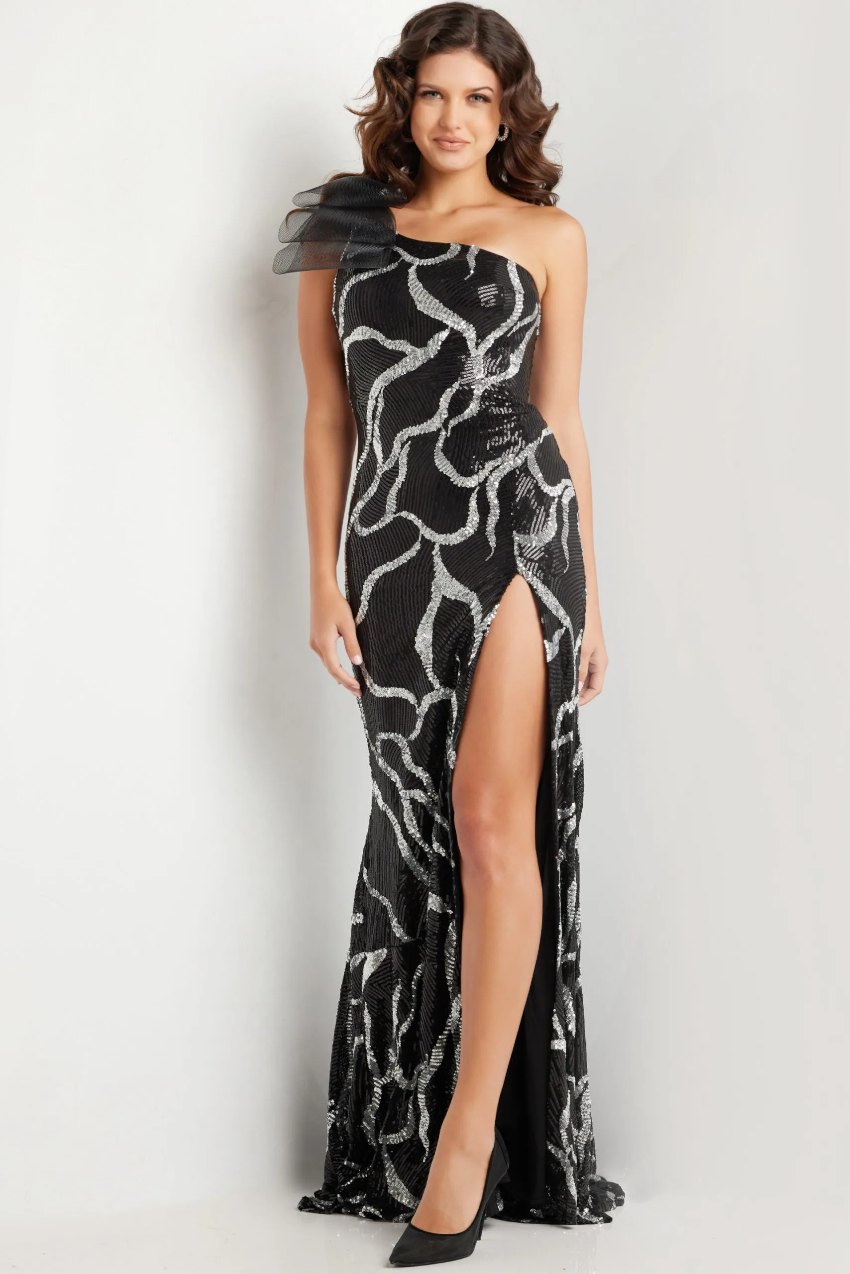 Sequin Fitted One Shoulder Slit Gown by Jovani 38377