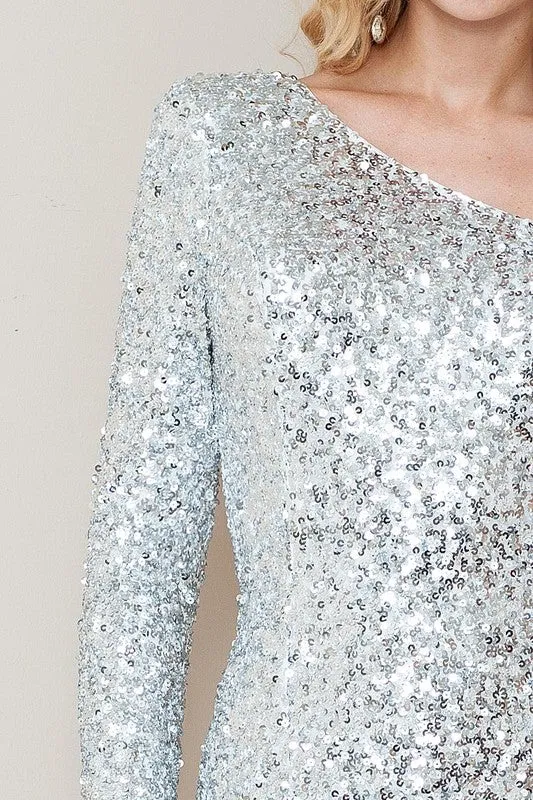 Silver One Shoulder Sequin Mini Dress