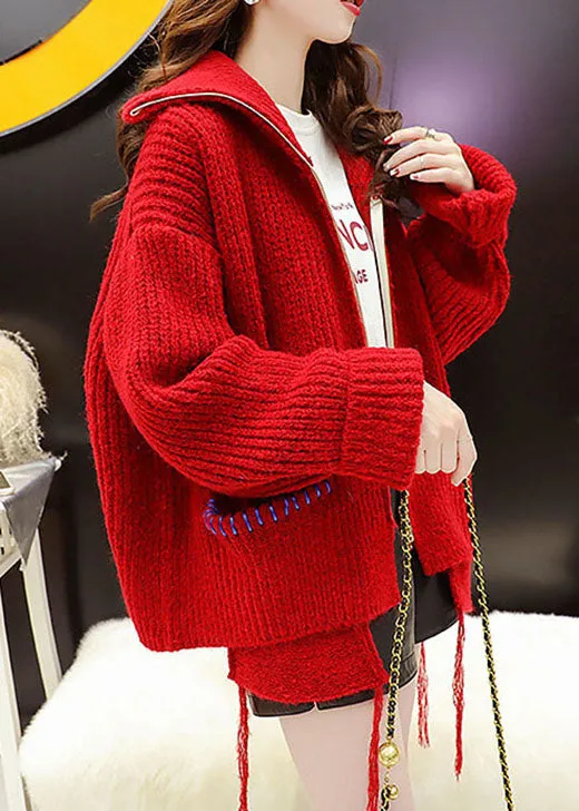 Simple Red Asymmetrical Knit Winter sweaters Coat