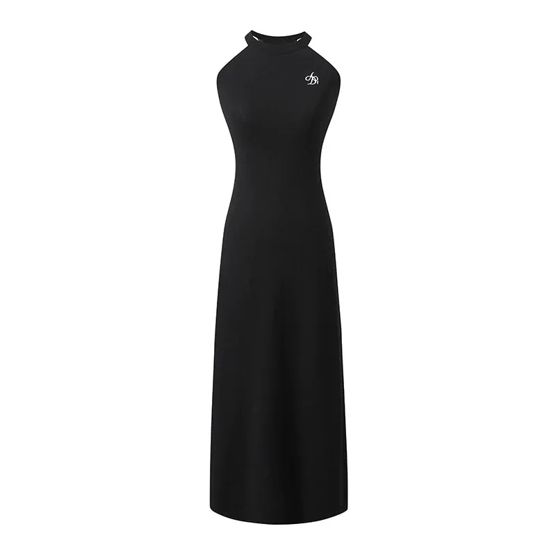 Sleek Halter Neck Maxi Dress: Fitted Black Evening Gown with Minimalist Logo Detail