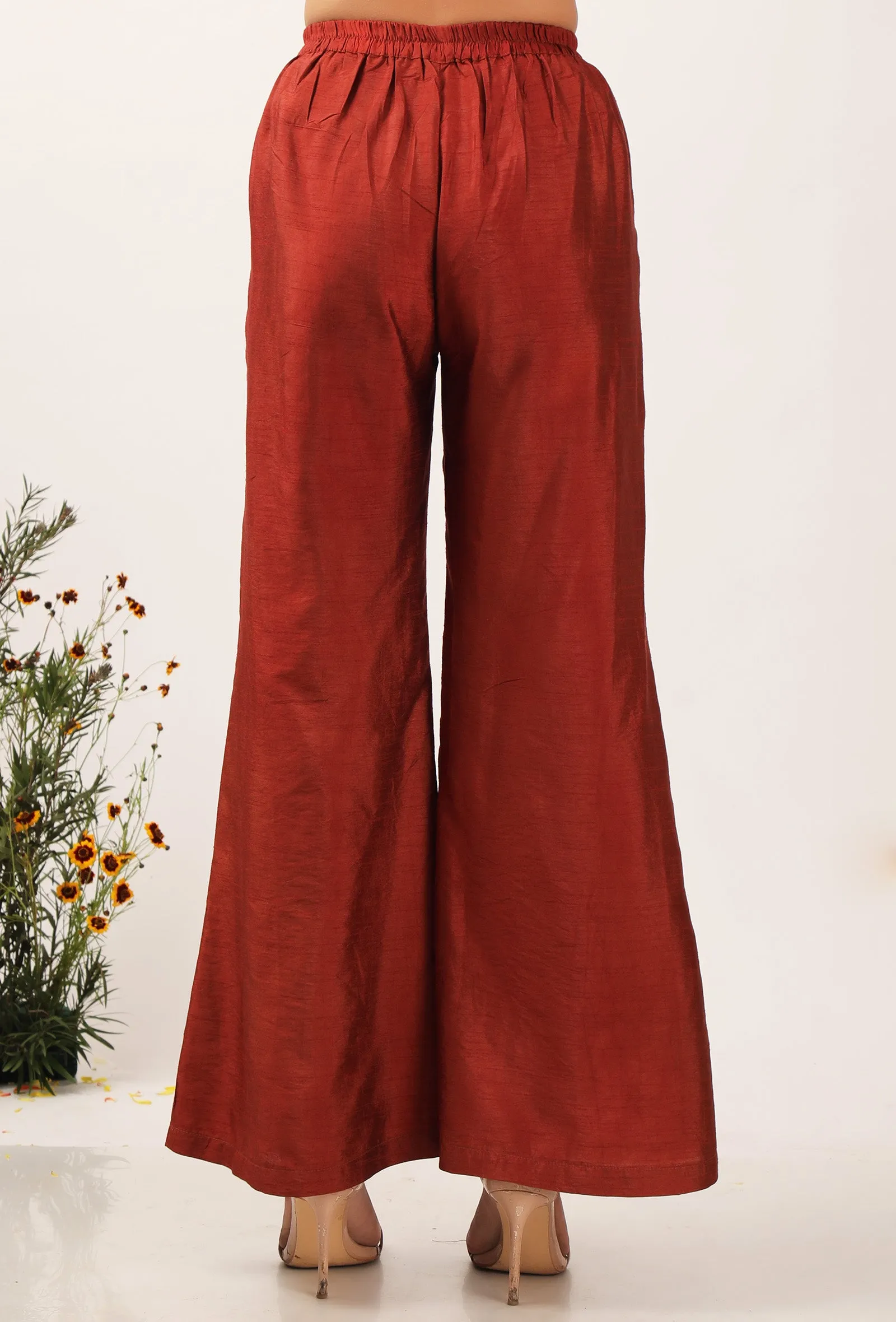 Solid Rust Silk Pallazo Pants