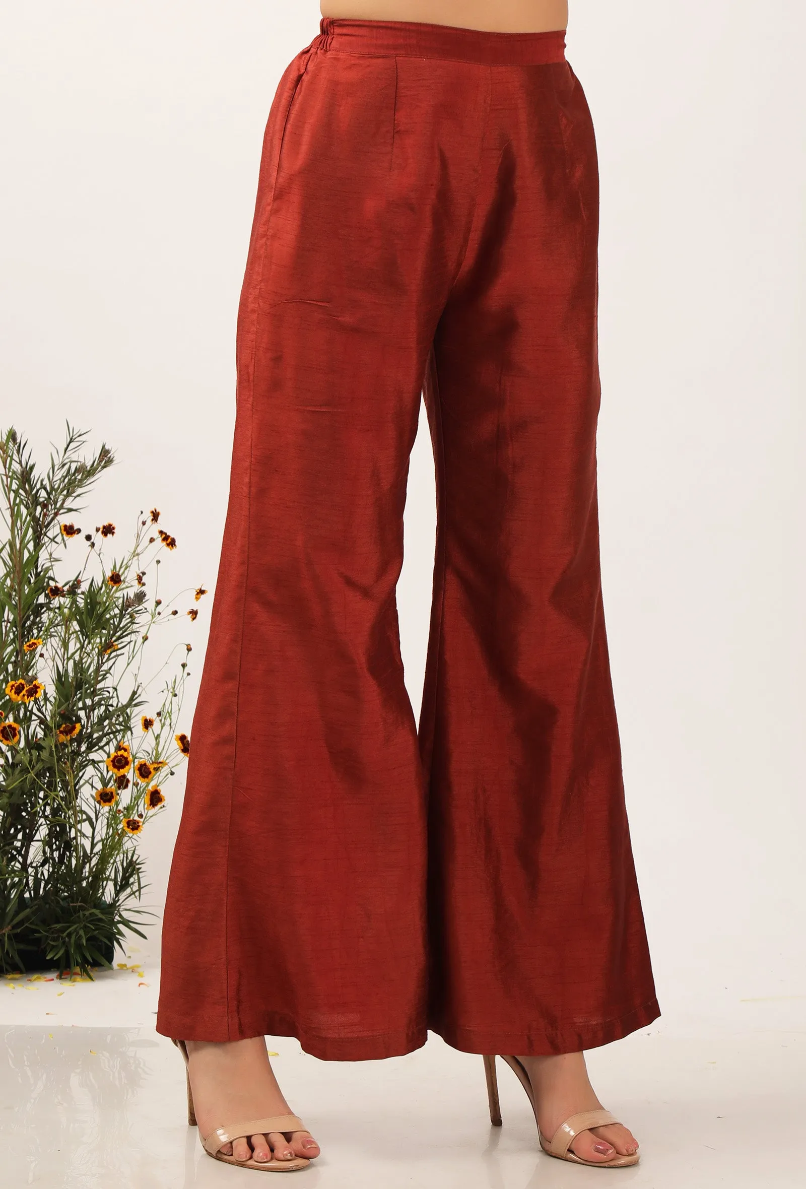 Solid Rust Silk Pallazo Pants