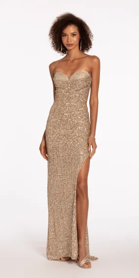 Strapless Sequin Lace Up Back Column Dress with Sweep Train