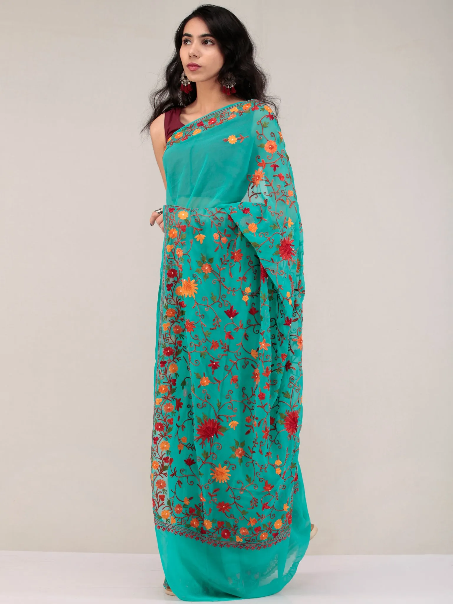 Teal Green Aari Embroidered Georgette Saree From Kashmir - S031704629