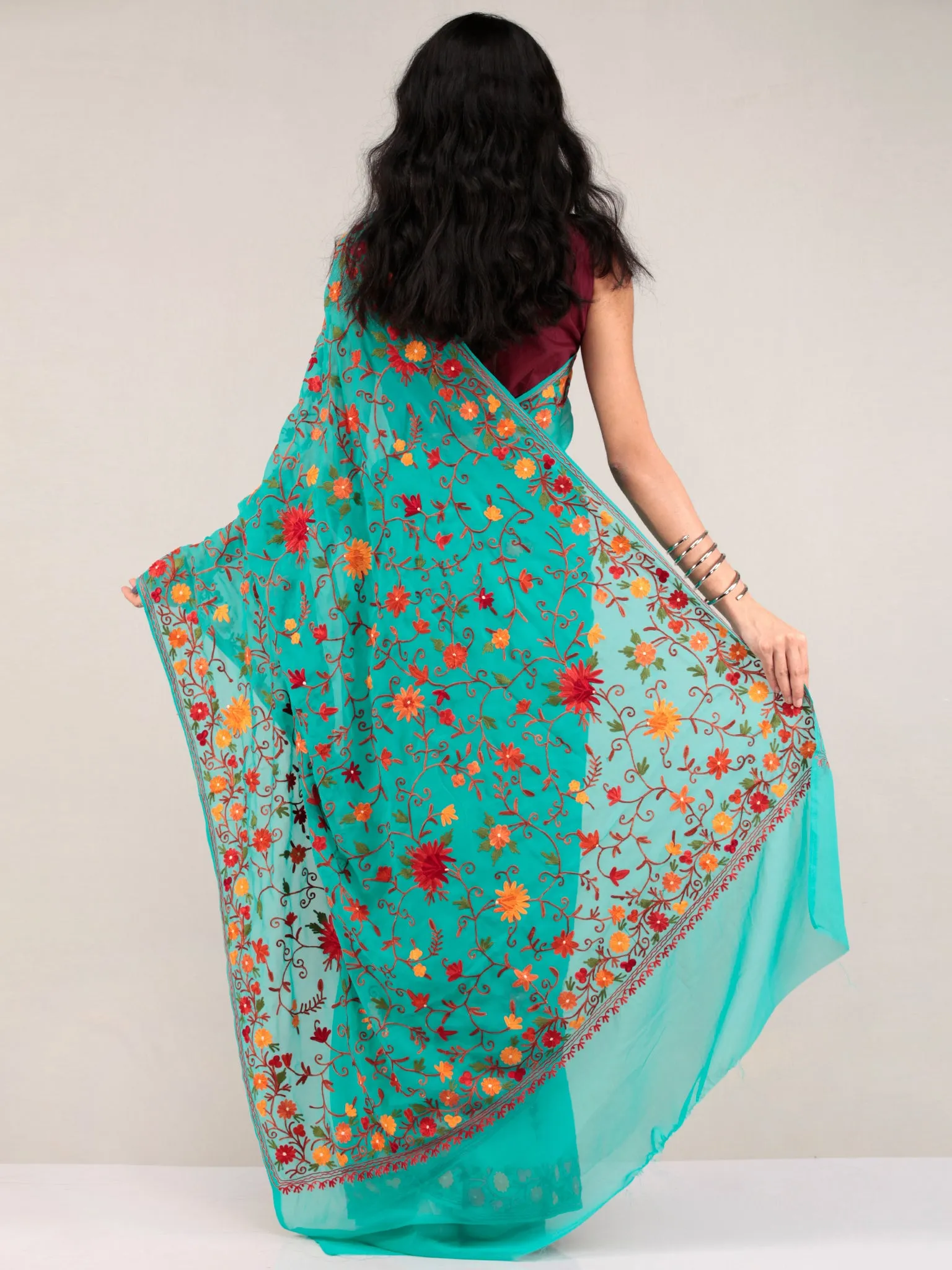 Teal Green Aari Embroidered Georgette Saree From Kashmir - S031704629