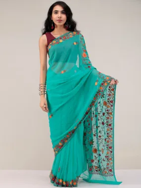 Teal Green Aari Embroidered Georgette Saree From Kashmir - S031704629