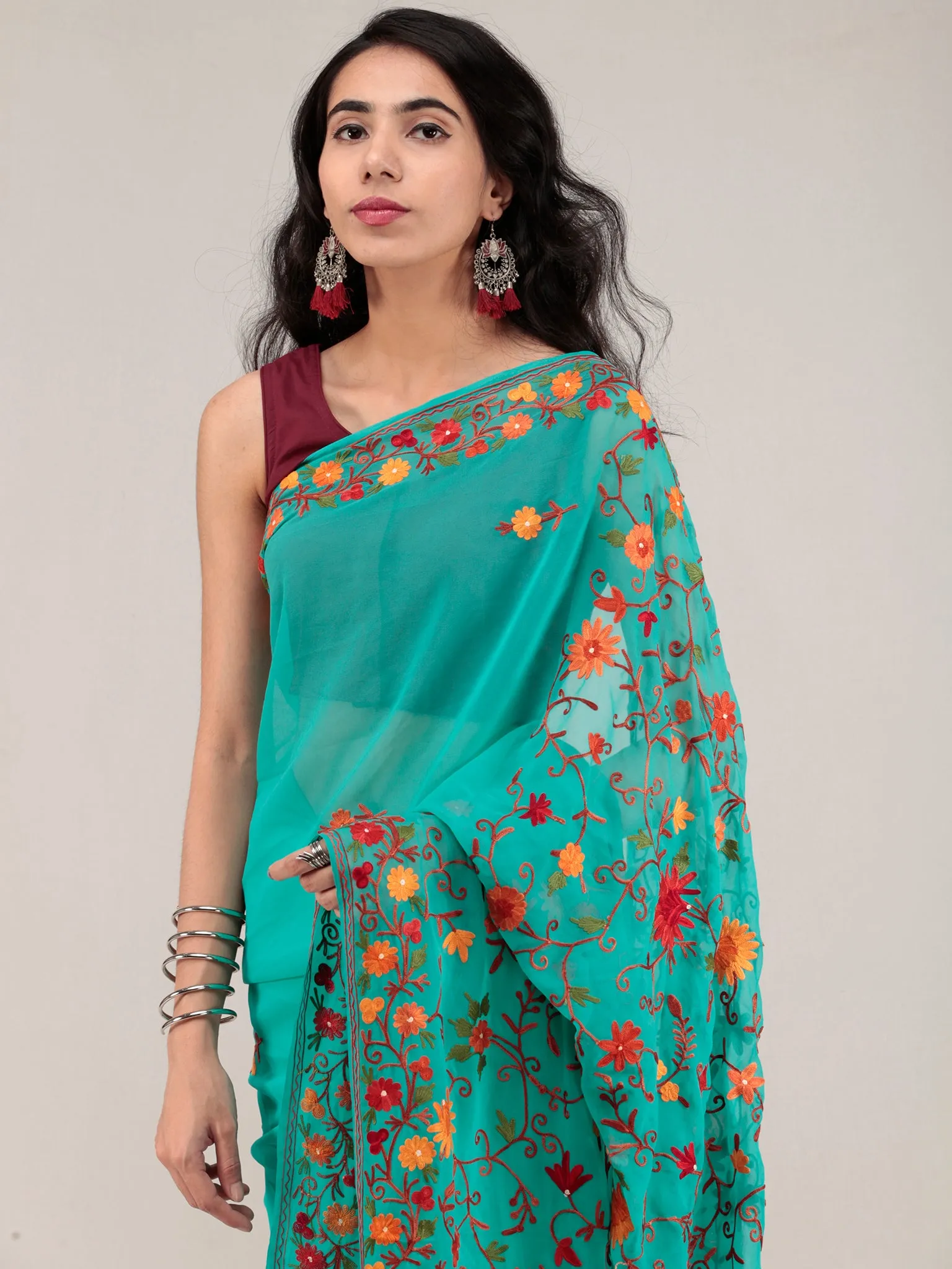 Teal Green Aari Embroidered Georgette Saree From Kashmir - S031704629