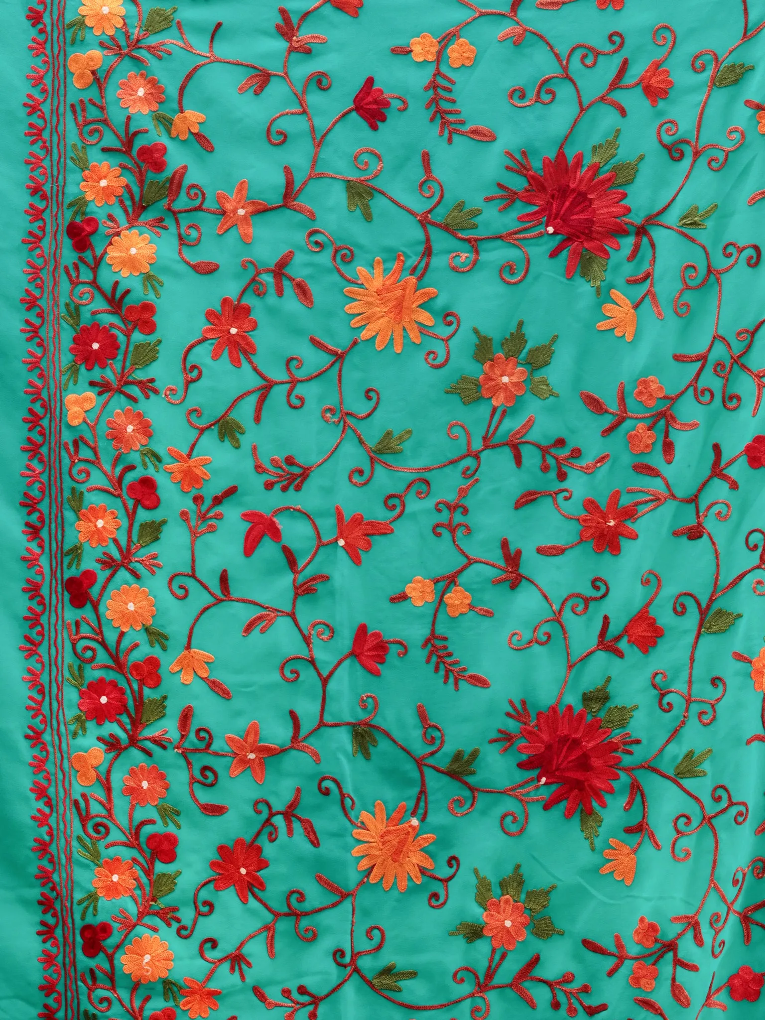 Teal Green Aari Embroidered Georgette Saree From Kashmir - S031704629