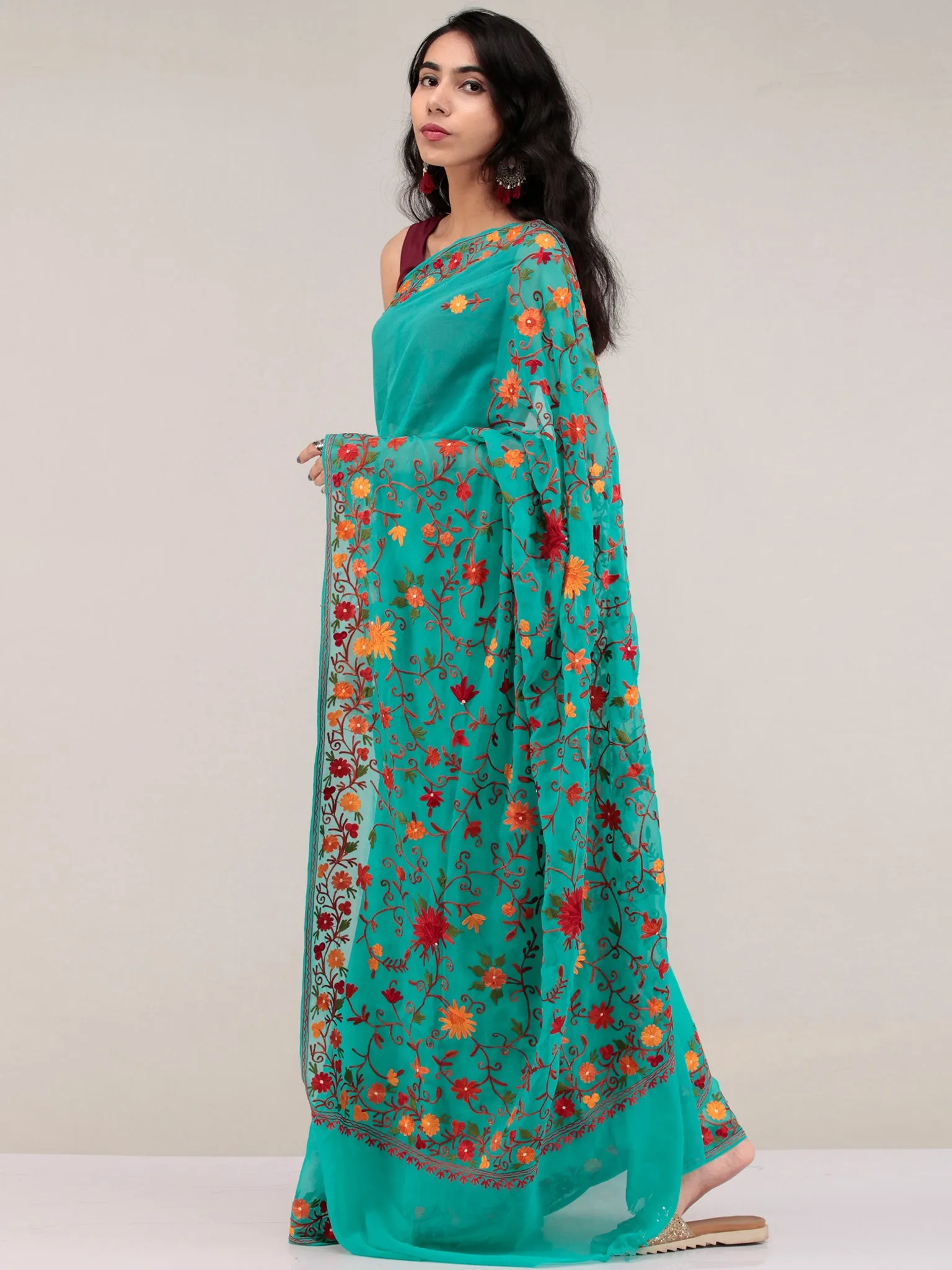 Teal Green Aari Embroidered Georgette Saree From Kashmir - S031704629