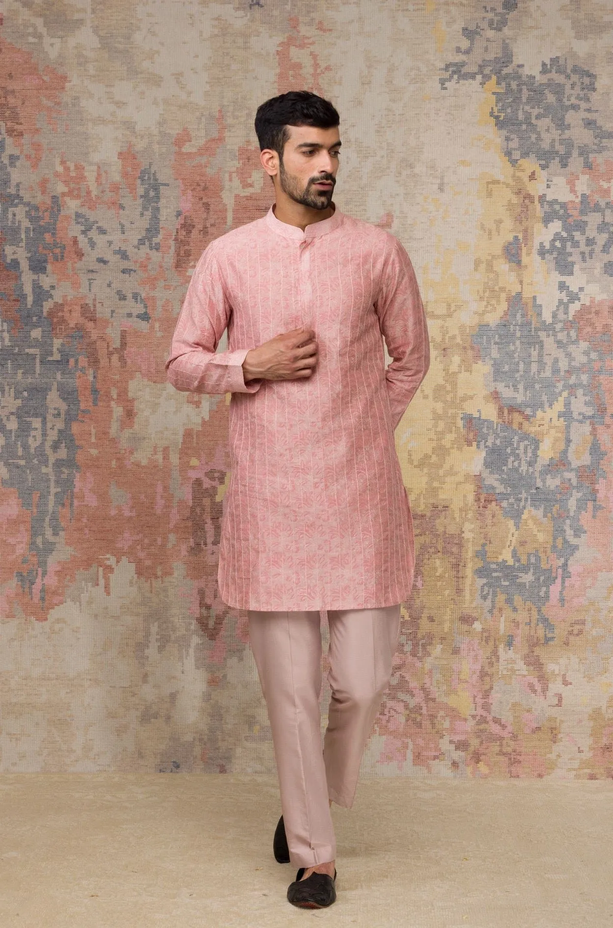 Usaamah Siddique In Rose Block Printed Short Kurta Set