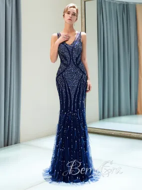 V-neck Navy Beaded Prom Dresses, Mermaid Prom Dresses, Evening Dresses, 2023 Prom Dresses, BerryEra Design Dresses