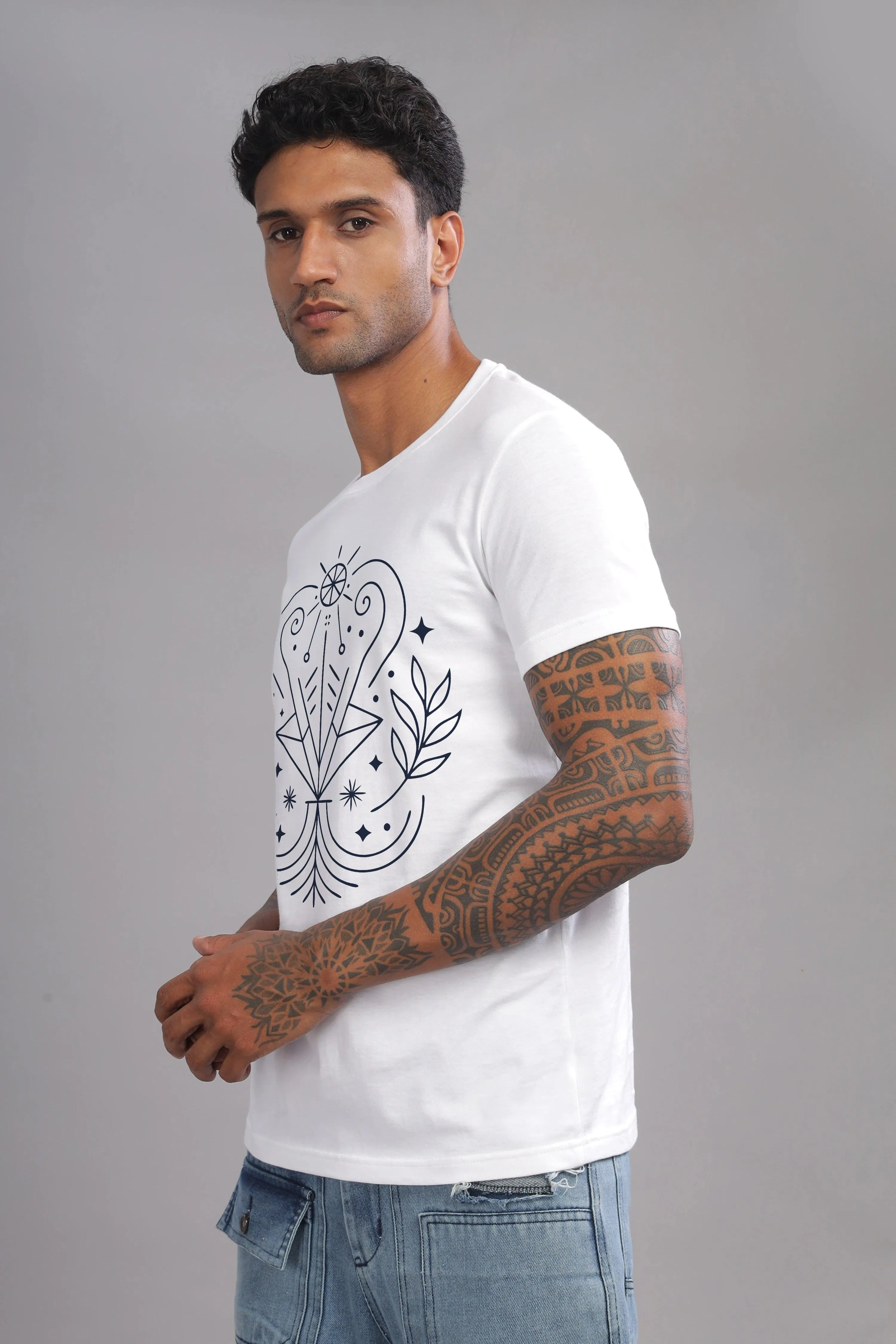 Virgo Vision White Half Sleeve Printed Round Neck T-Shirt