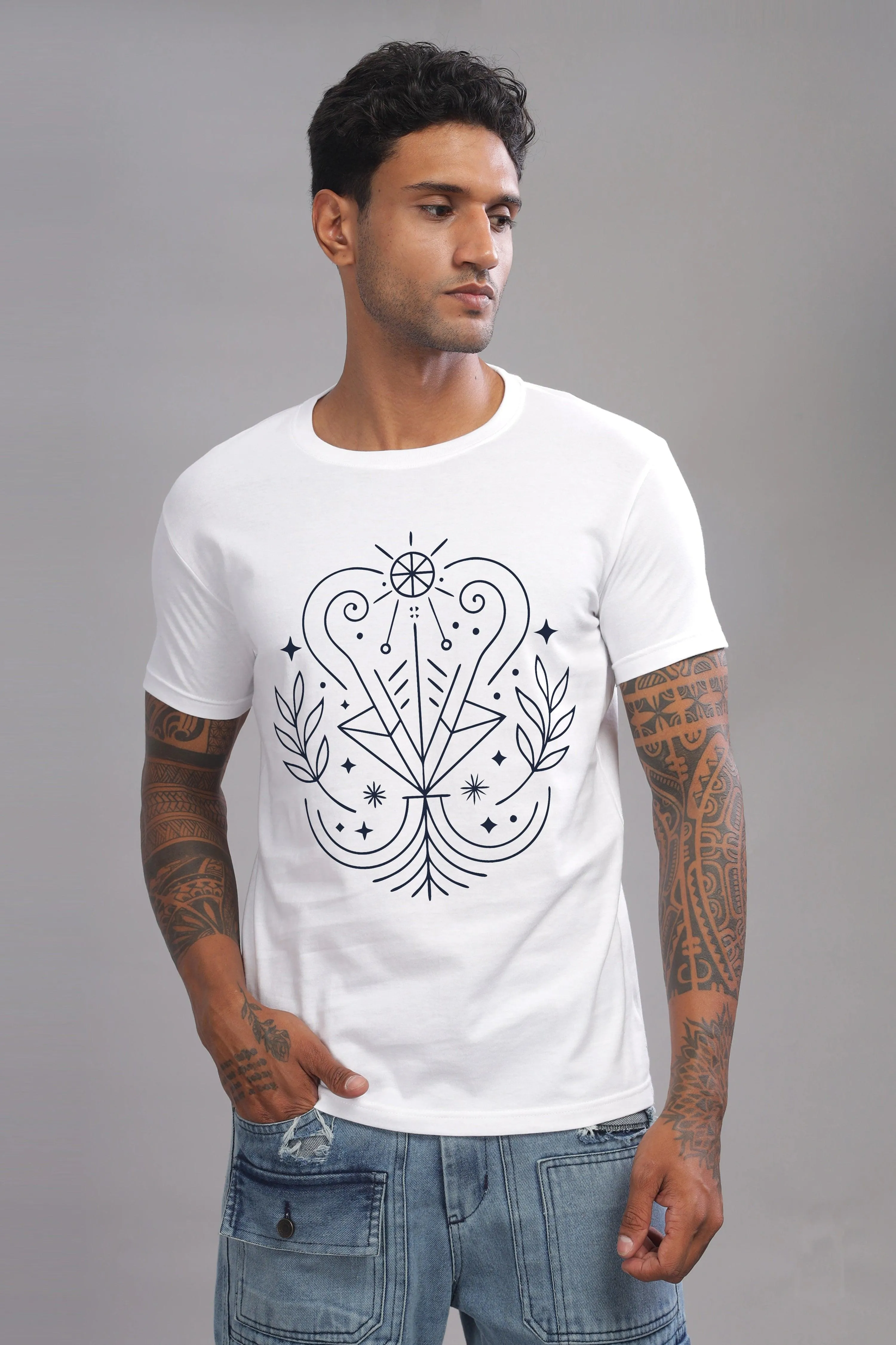 Virgo Vision White Half Sleeve Printed Round Neck T-Shirt