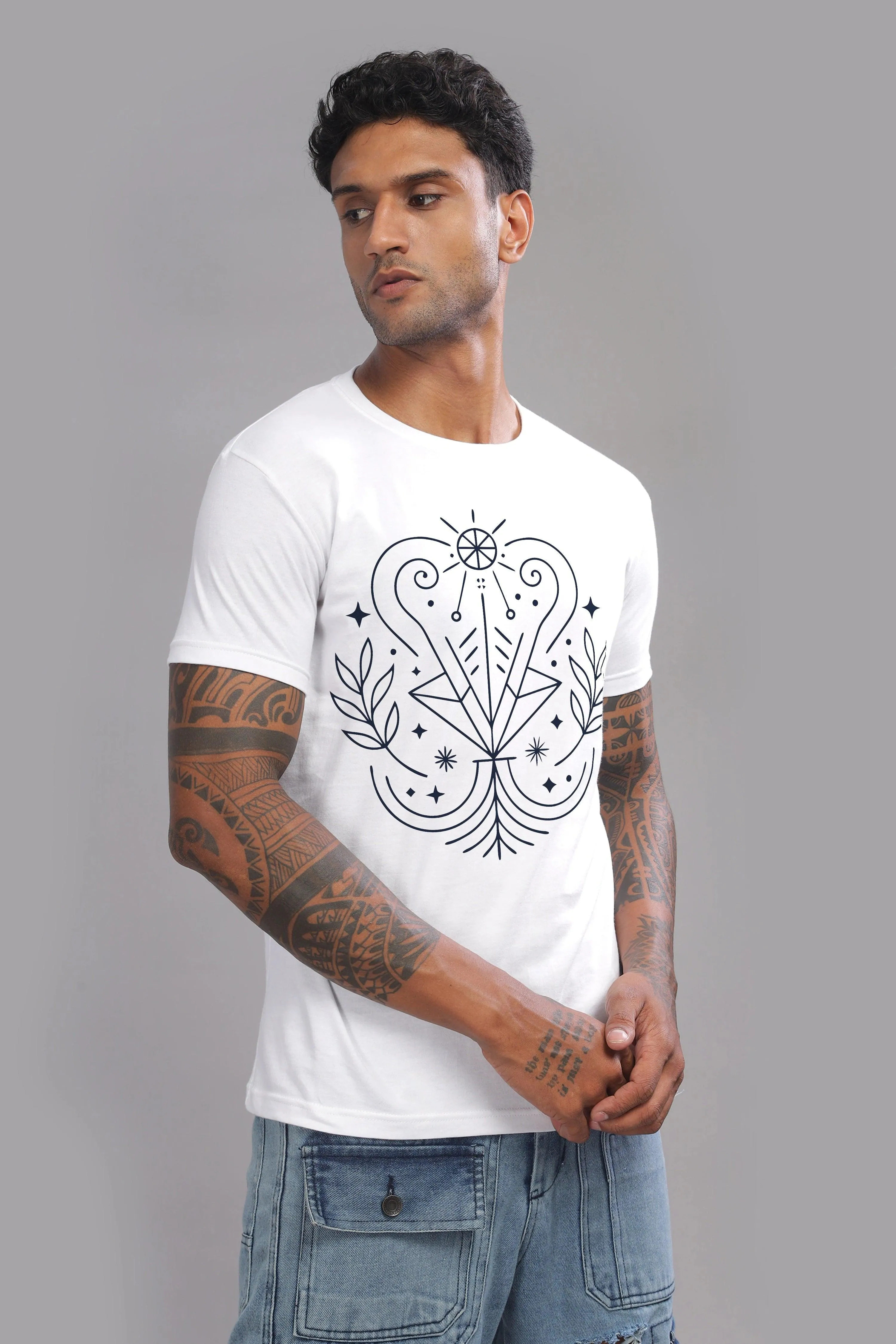 Virgo Vision White Half Sleeve Printed Round Neck T-Shirt