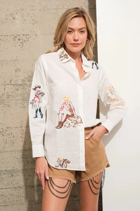 Western Cowgirl Motif Button Up Linen Shirt Blouse OFF WHITE