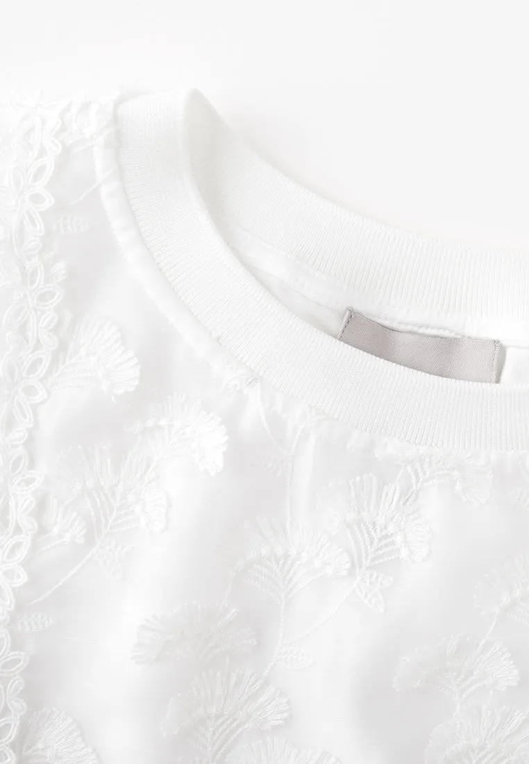 White Embroidered Crewneck Top