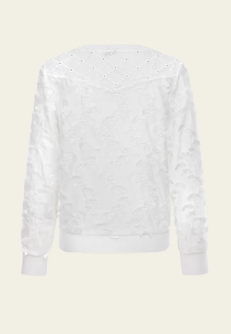 White Embroidered Crewneck Top