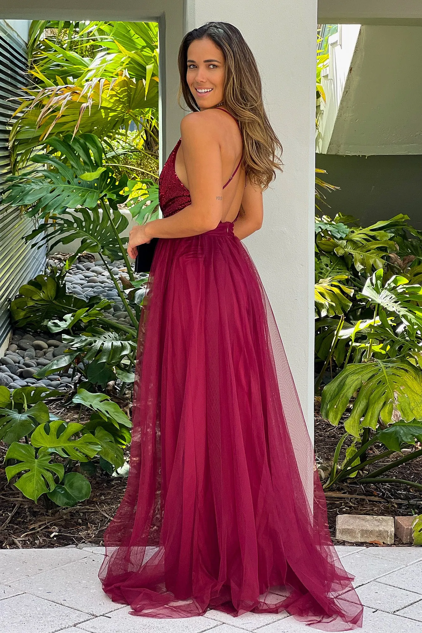 Wine Tulle Maxi Dress with Sequin Top