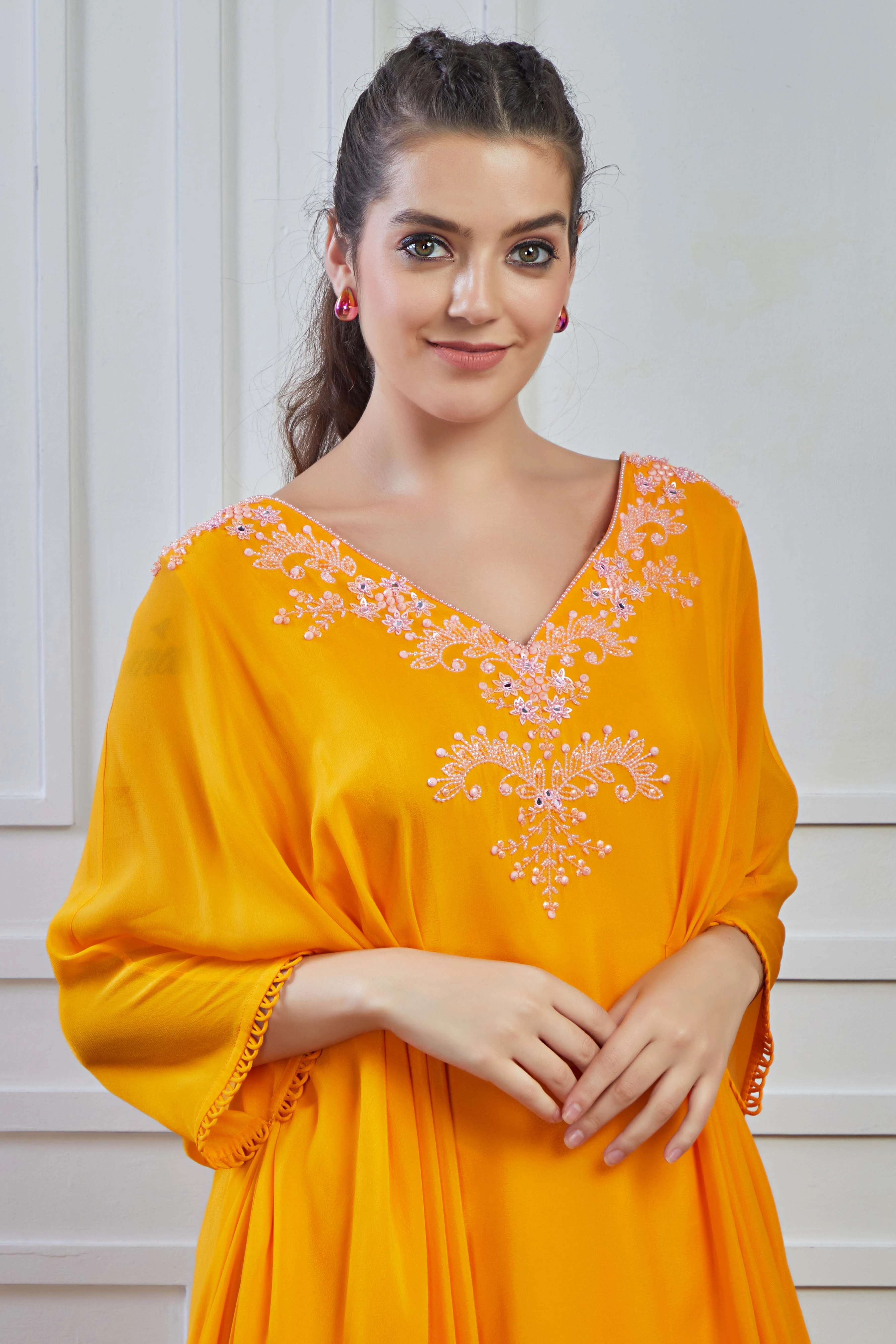 Yellow Embellished Crepe Silk Kurta Cowl Pants