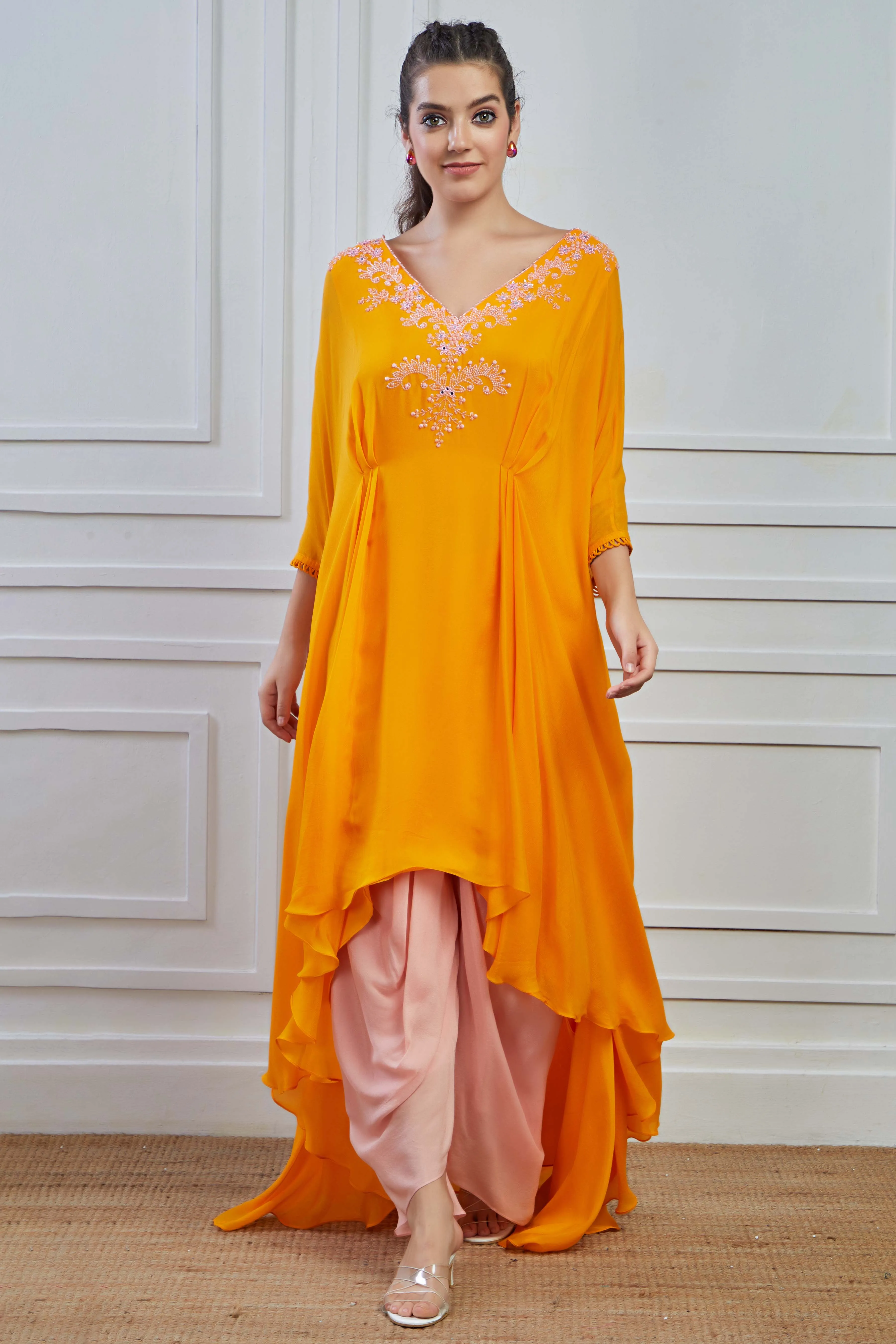 Yellow Embellished Crepe Silk Kurta Cowl Pants